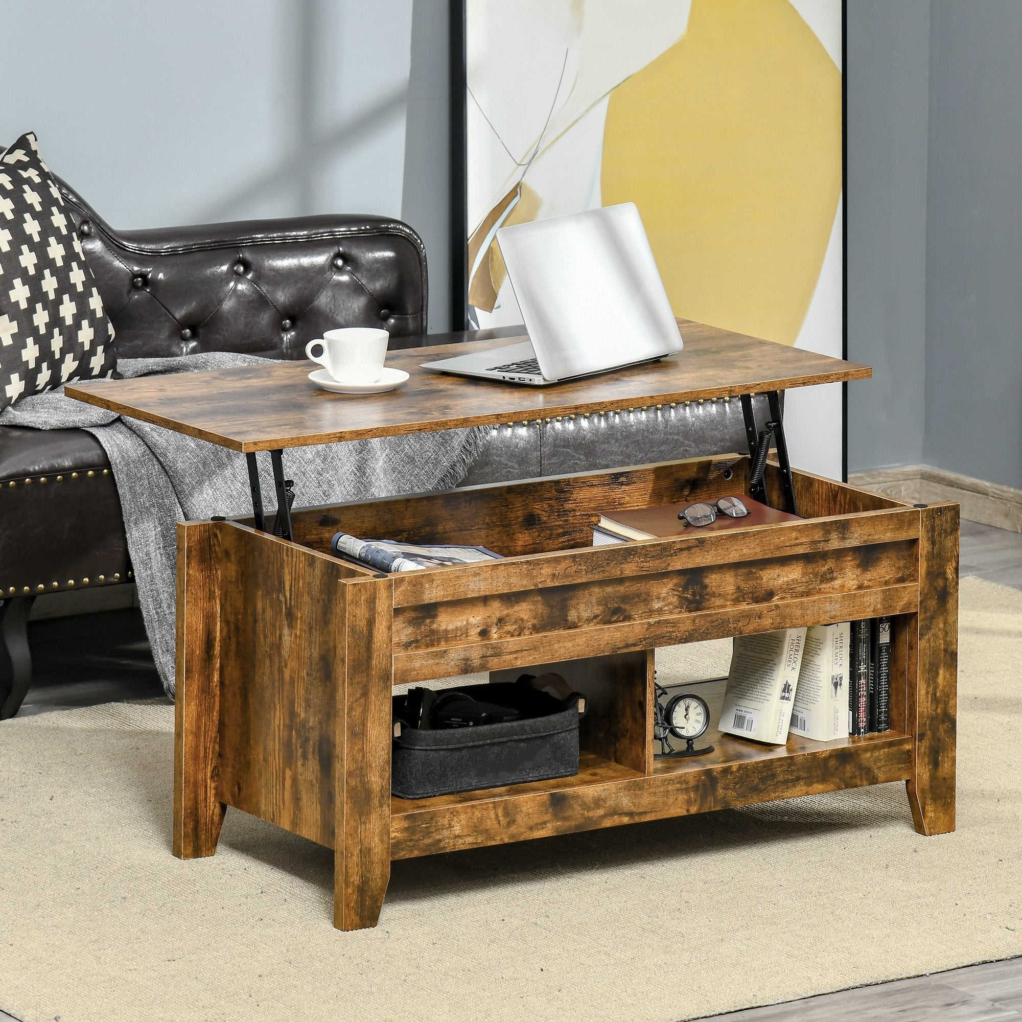 HOMCOM Lift Top Coffee Table with Hidden Storage Compartment and Open Taupe Shadow
