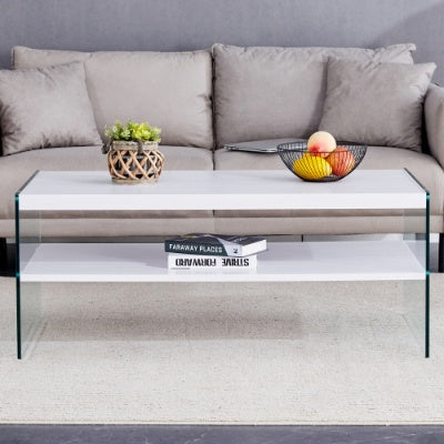Double Rectangular Coffee Table. The Board Surface Is MDF, With White Stickers, And Both Sides Are Transparent Tempered Glass. Suitable For Living Room, Bedroom And Other Occasions CJDropshipping