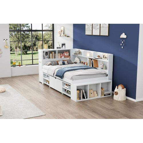 Children's Bed, Single Bed-3ft 90x190cm, Single Bed, Multifunctional Children's Bed With Drawers, Bookcase And Storage Cupboard, Large Storage Space, Slatted Frame, Without Mattress, White