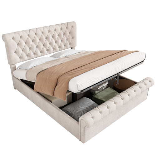 Upholstered Bed 5ft,150x200, 5ft King Bed, Luxurious Velvet Button-Tufted Sleigh Bed Storage, Functional Bed With Slatted Frame And Storage, Beige