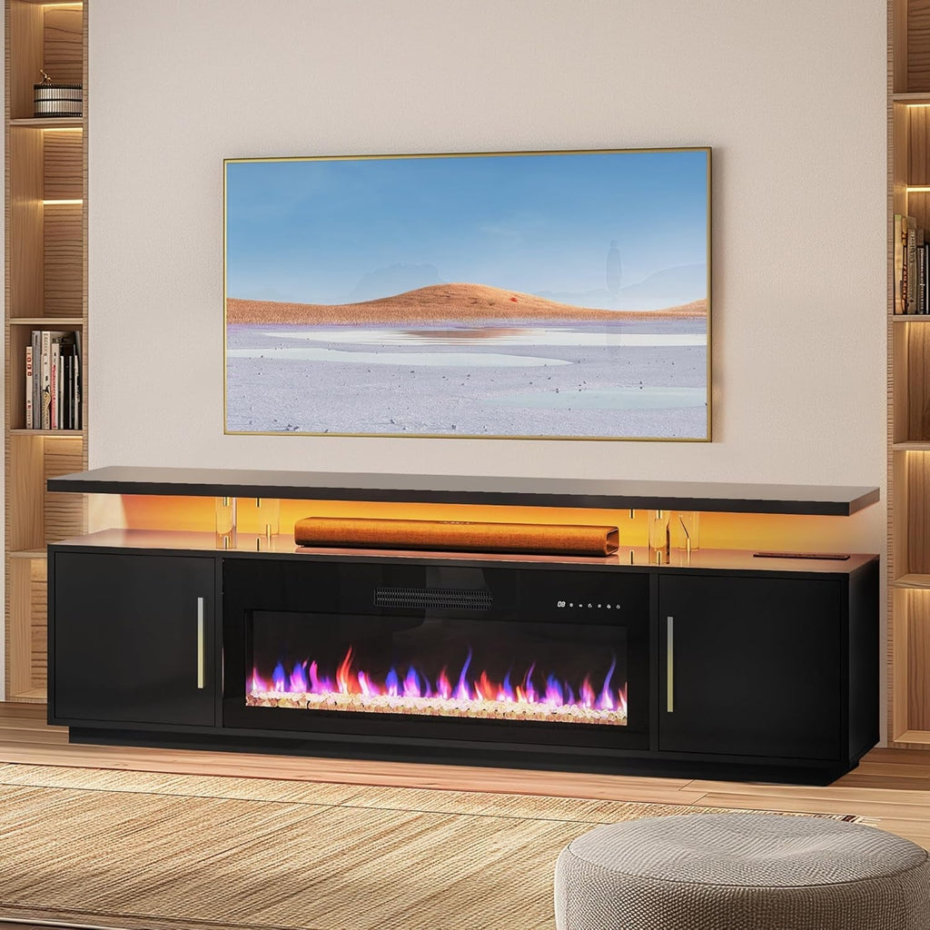 79" TV Stand for Tvs up to 85", LED Light Entertainment Center with Peach Maple