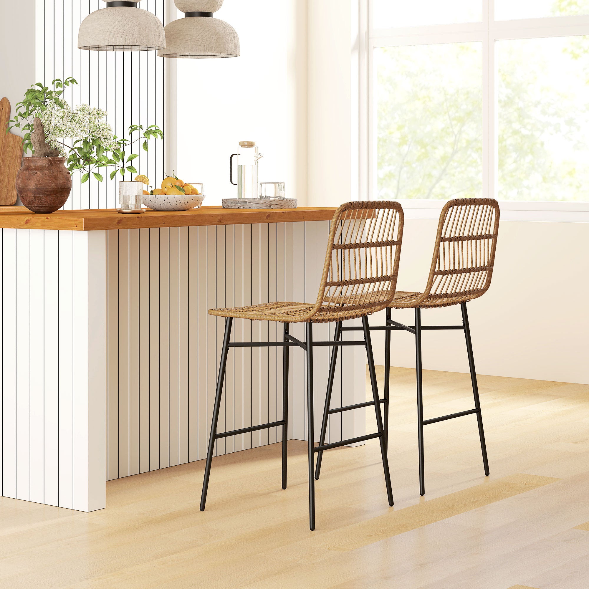 Rattan Counter Bar Stools Set Of 2, 26 Counter Height Barstools With Back, Bar Chairs For Kitchen Island, Brown