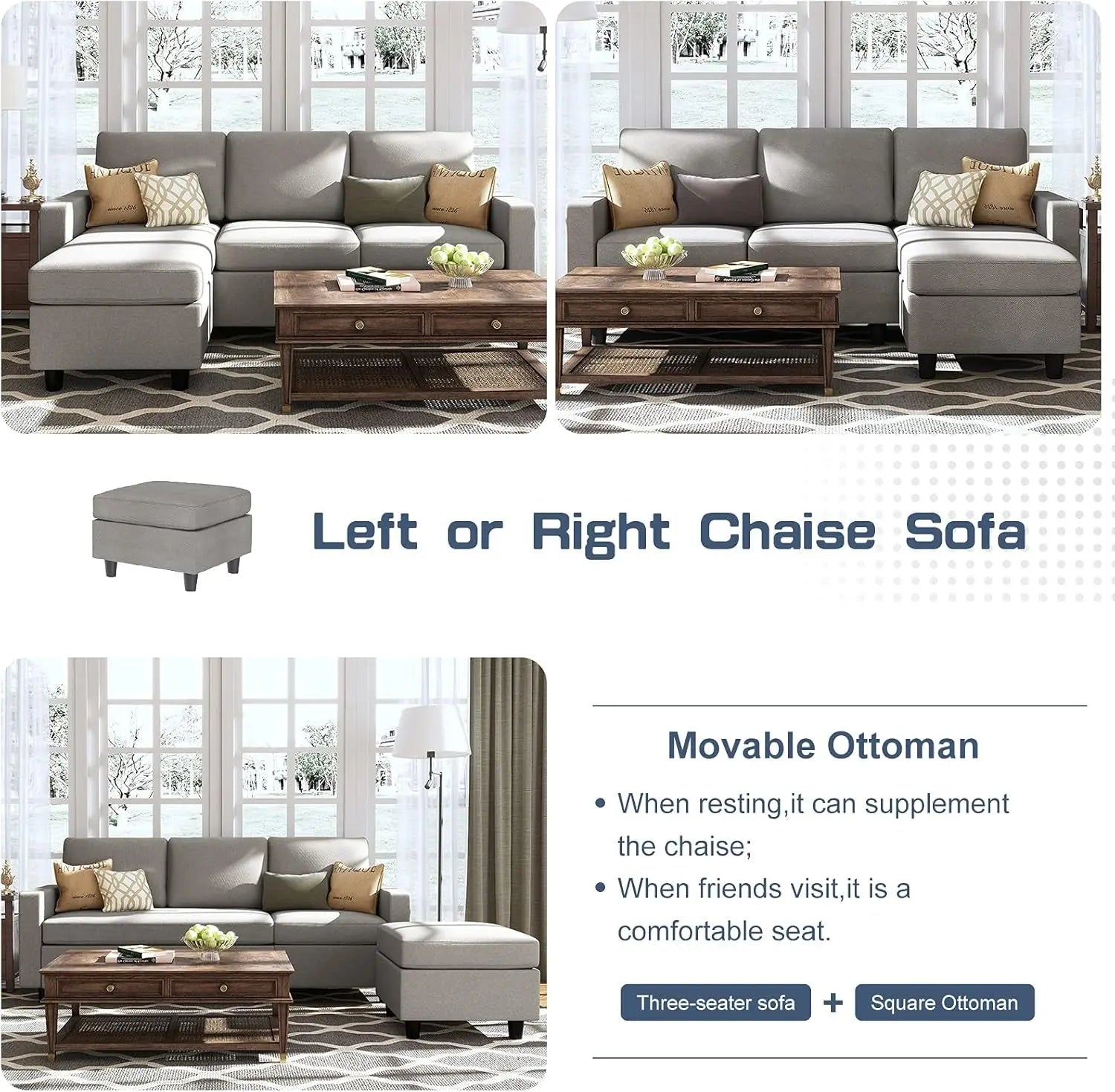 Light Grey Linen Convertible L-Shaped Sectional Sofa Peach Maple