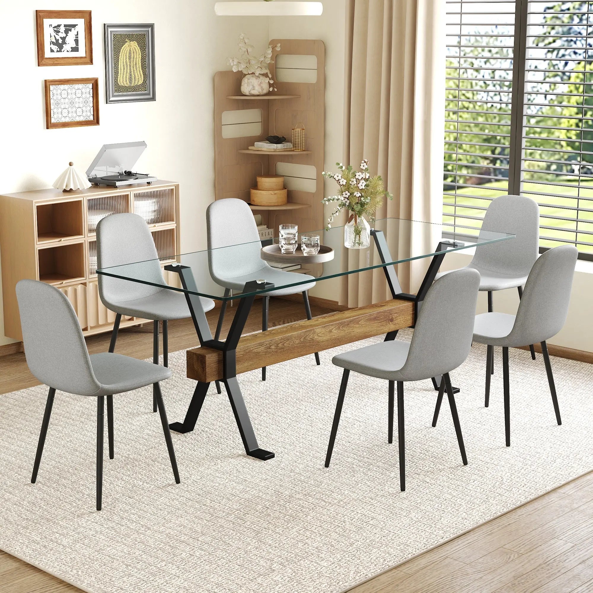 Table and chair set.79'x31.5' with X-shaped Black Metal Table Sangria Beech