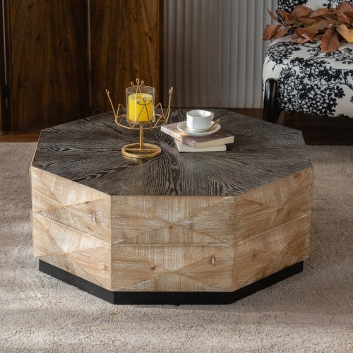 Octagon Coffee Table,38 Retro Style Wood Center Table With Three-Dimensional Embossed Pattern,Rustic Cocktail Table Center Large Circle Coffee Table For Living Room Home CJDropshipping