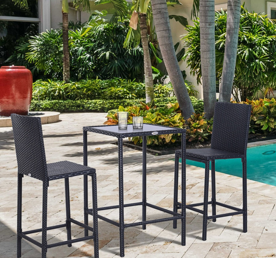 Wicker Bar Set, 3-Piece Outdoor Counter Height With Glass Top Table & Stools, All-Weather - Black