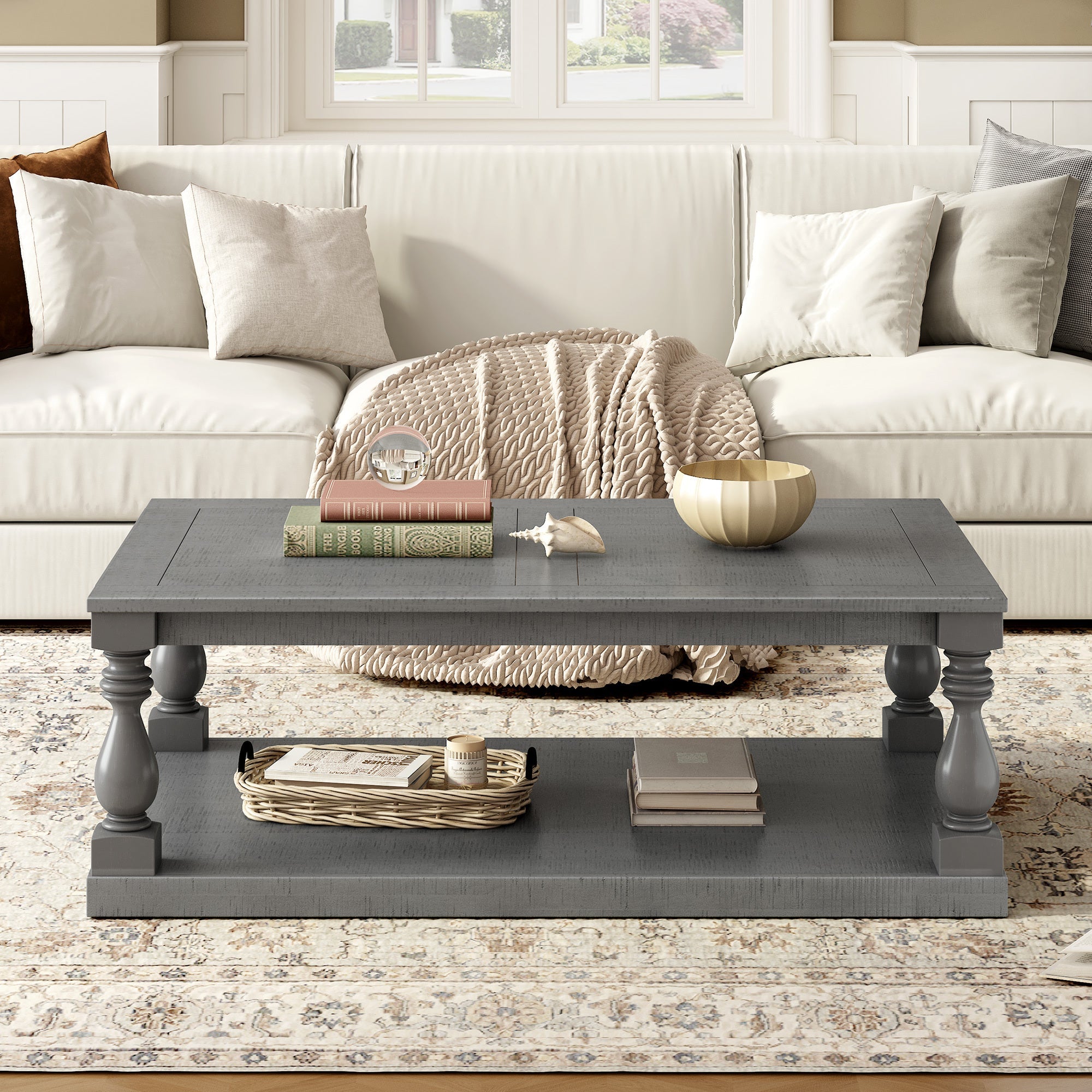 Vintage Coffee Table Featuring Artistic Vase Column Legs and Luxurious