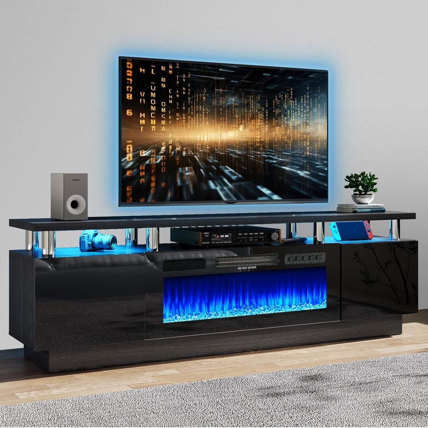 80" Modern Electric Fireplace TV Stand for Tvs up to 90 Inch, with Peach Maple