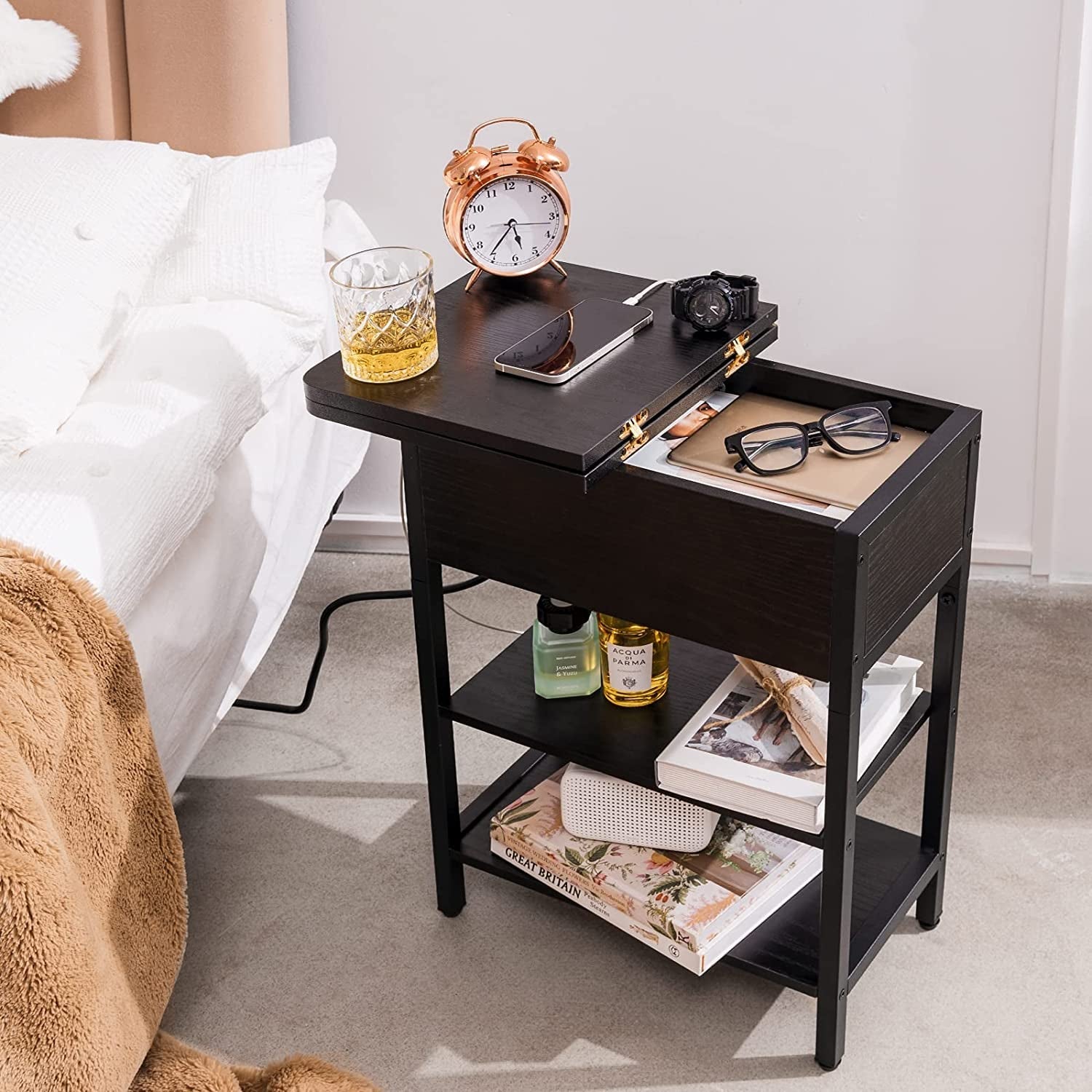 Charging End Table with USB Ports and Outlets, Narrow Nightstand