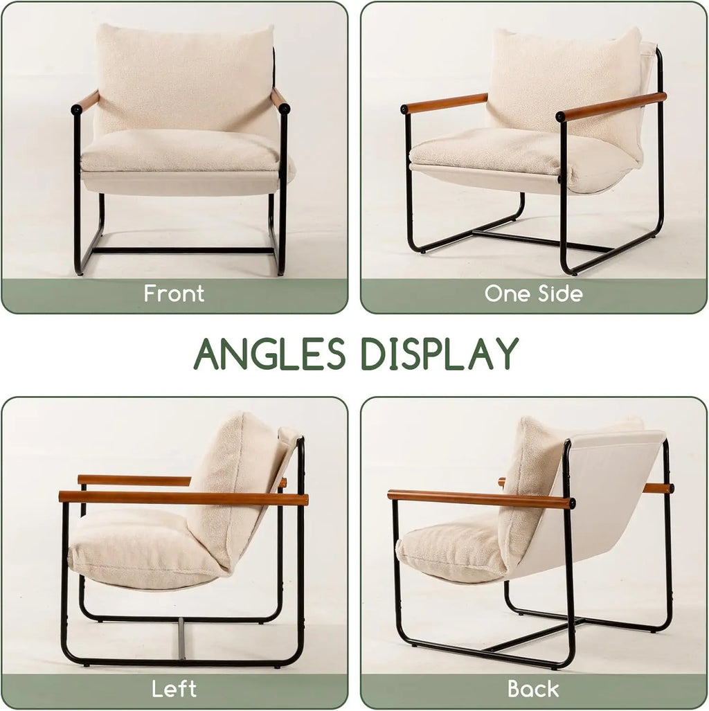 Modern Accent Chair, Living Room Chair with Wood Armrests, Shredded Peach Maple