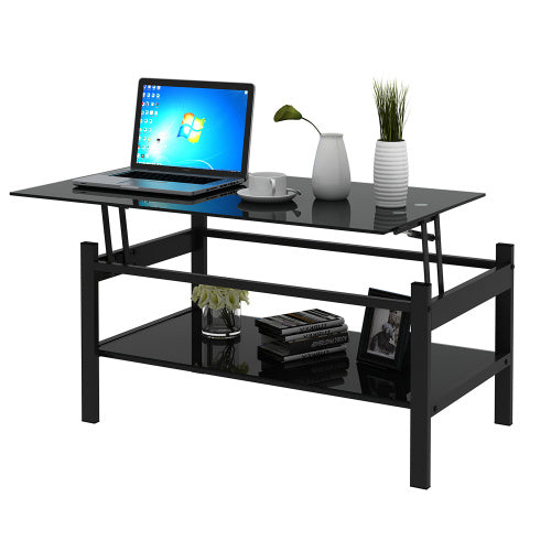 Glass Lift Top Coffee Table, Modern Simple 2-Layer Tempered Glass Coffee Table For Living Room, Black CJDropshipping