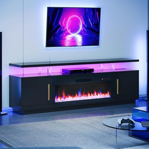 79" TV Stand for Tvs up to 85", LED Light Entertainment Center with Peach Maple