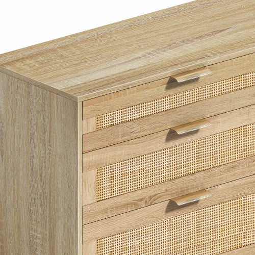 Rattan Dresser With Drawers, 6 Drawer Dresser For Bedroom, Clothes Storage Cabinet For Bedroom, Metal Handle&Wood Legs For Hallway, Living Room, Bedroom,Natural
