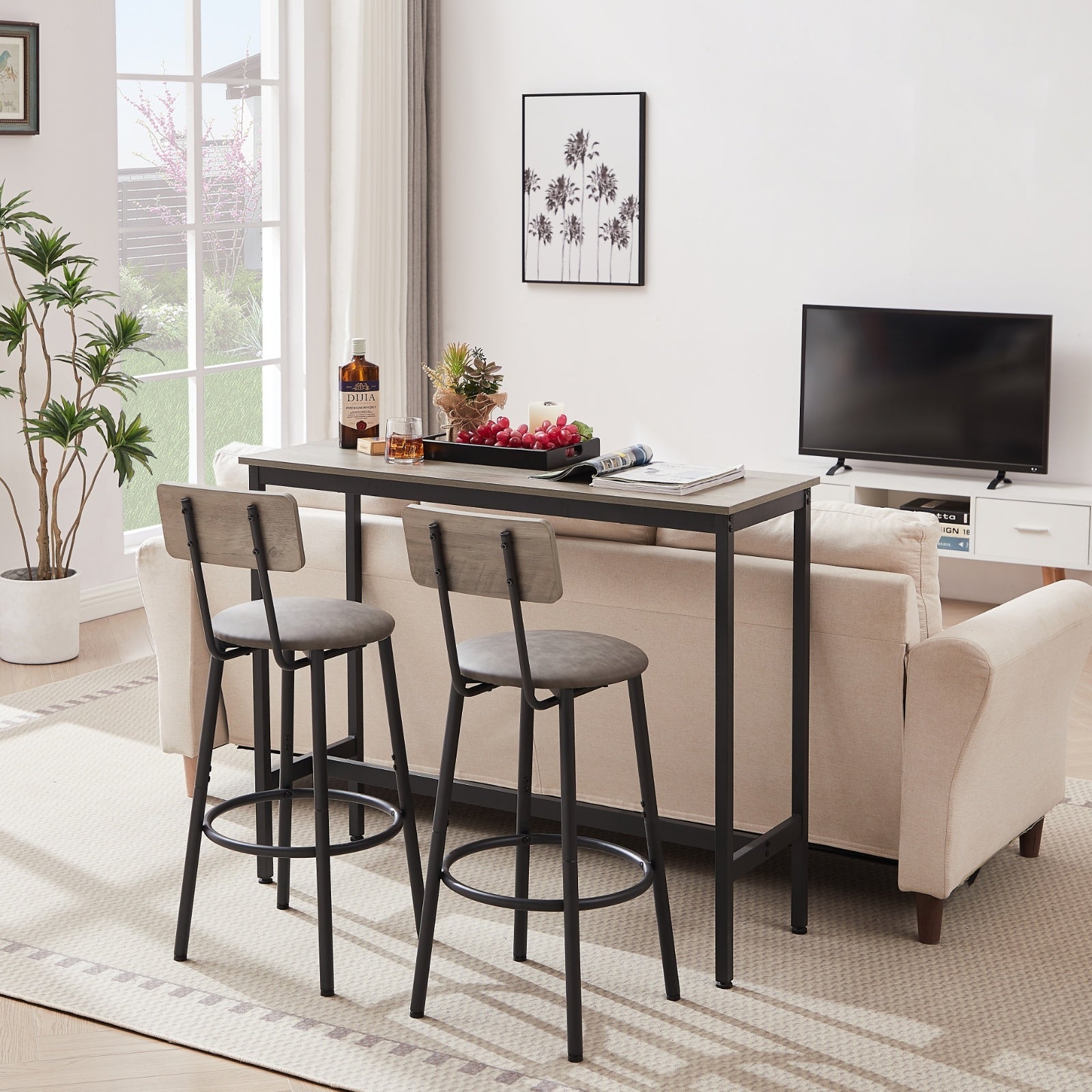 Bar Table Set With 2 Stools, PU Soft Seat & Backrest, Grey, 43.31x15.75x35.43 In