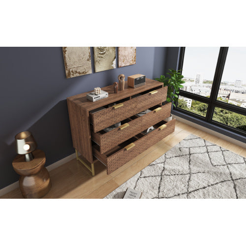 Embossed Design Sideboard Cabinet Dresser With 6 Drawers, Anti-tip, Sideboard For Living Room, Hallway, Bedroom, And Children's Room, 120 X 40 X 75 Cm, Walnut