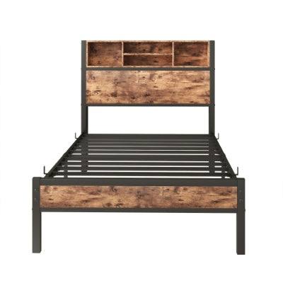 Twin Size Bed Frame With Storage Headboard, Metal Platform Bed With Charging Station, Bookcase Storage, No Box Spring Needed, Easy Assembly