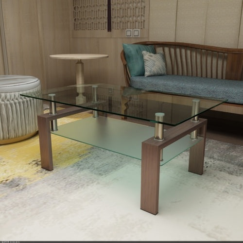 Rectangle Walnut Glass Coffee Table, Clear Coffee Table, Modern Side Center Tables For Living Room CJDropshipping