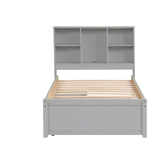 Modern Twin Size Bed Frame With Built-in USB Port On Bookcase Headboard And 2 Drawers For Grey Color