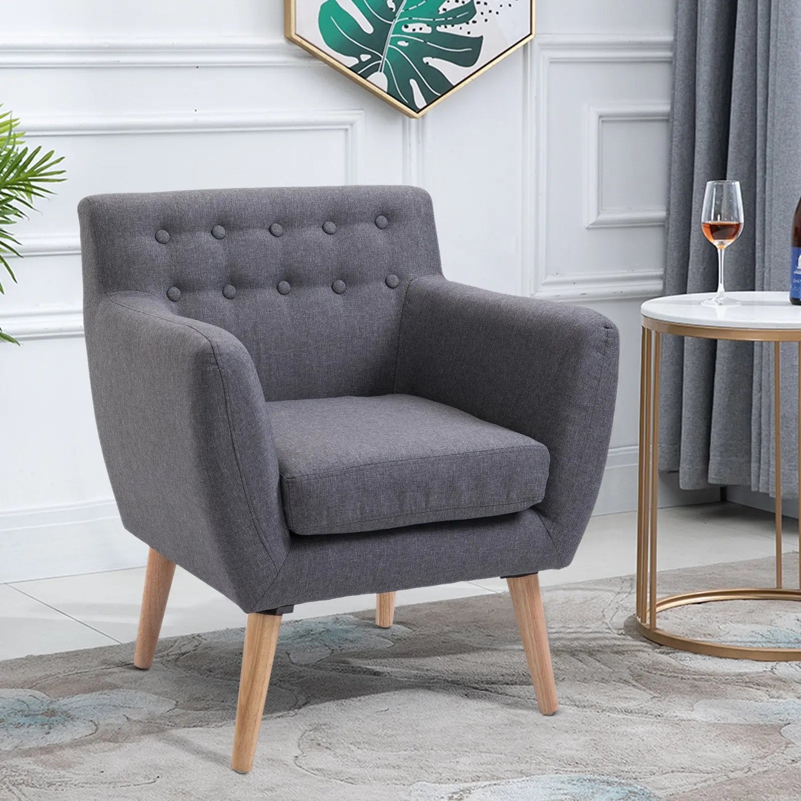 HOMCOM Mid-Century Modern Accent Arm Chair Linen Upholstery Tufted Taupe Shadow