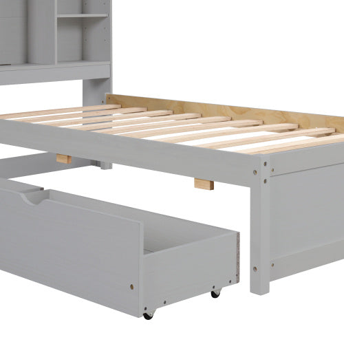 Modern Twin Size Bed Frame With Built-in USB Port On Bookcase Headboard And 2 Drawers For Grey Color