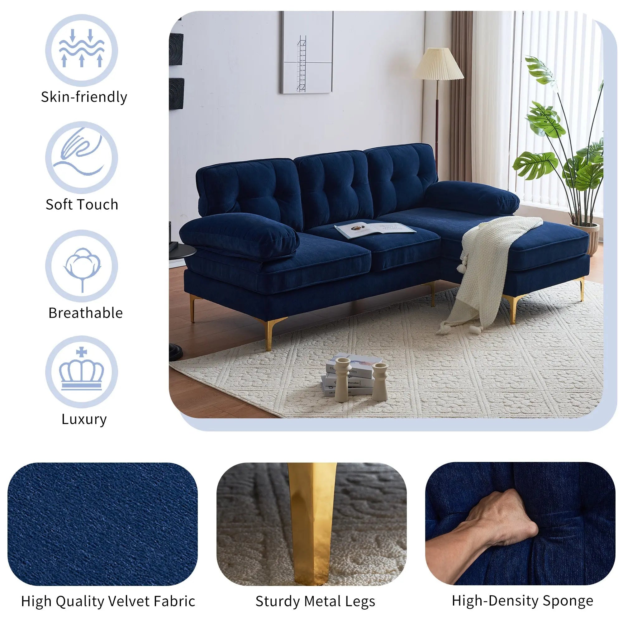 82.6' Modern Sectional Sofas Couches Velvet L Shaped Couches for Sangria Beech