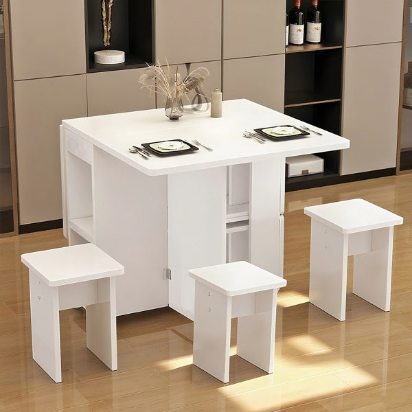 Folding Drop Leaf Dining Table Set For 4 With 4 Chairs, Space Saving Foldable Dining Table With Storage And 6 Wheels, 47.2 Inch D X 23.6 Inch W X 30.3 Inch H, White