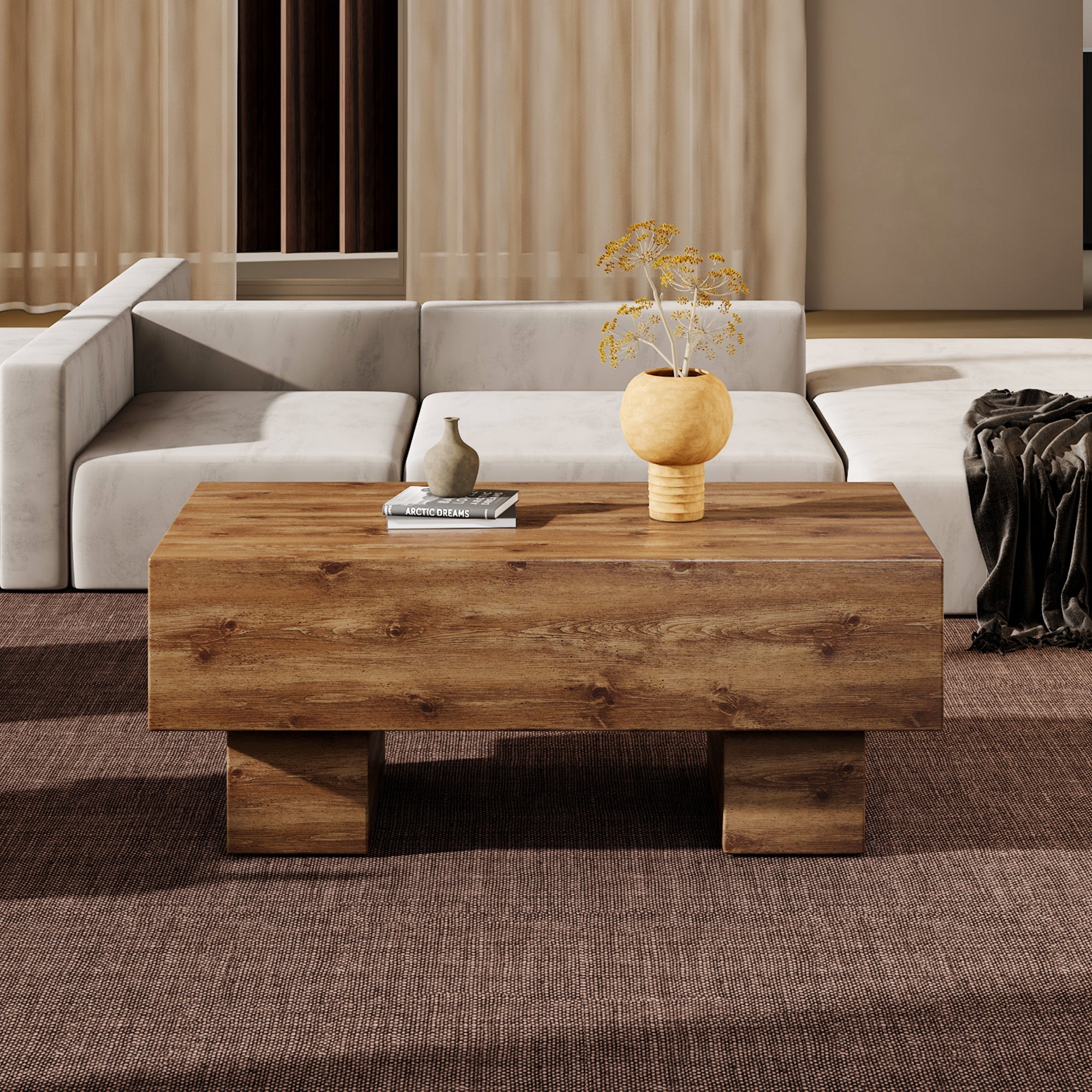 This modern rectangular coffee table features a stylish wood color, Sangria Beech