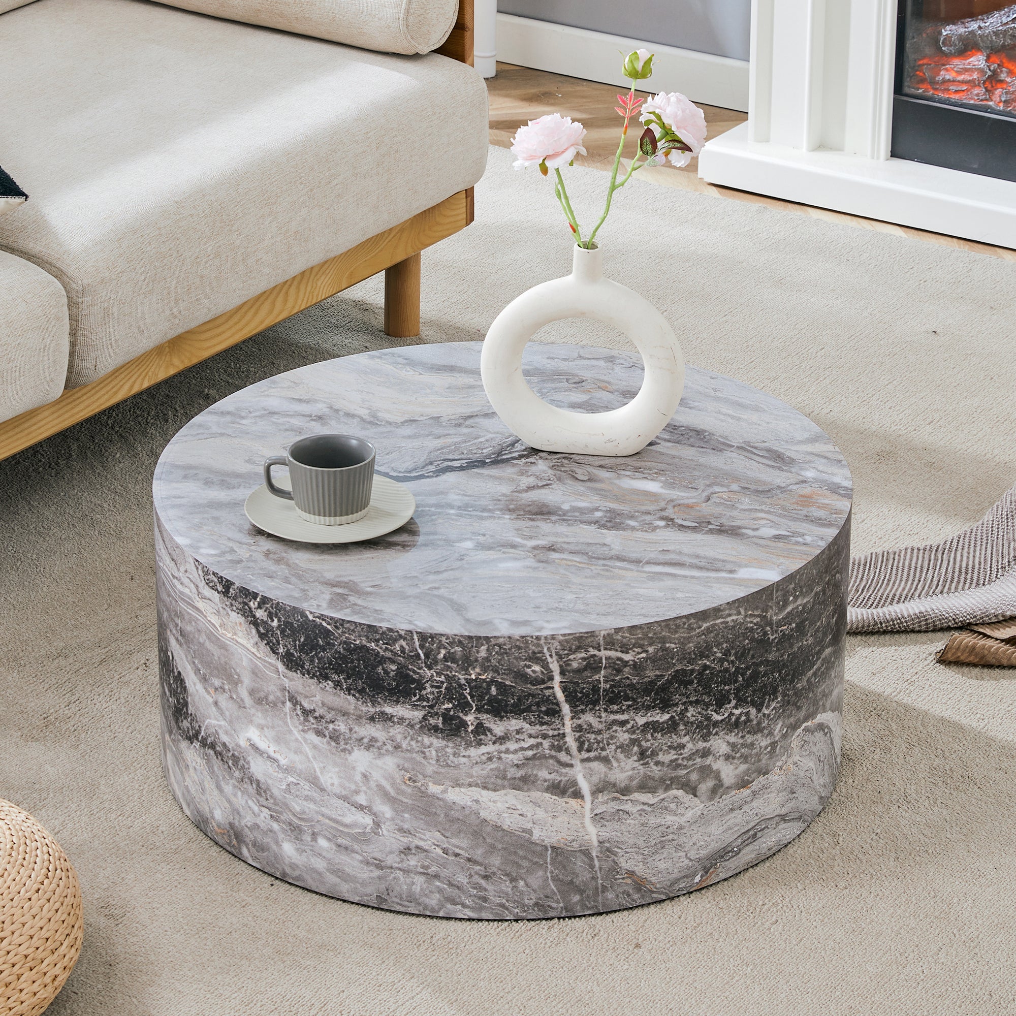 Simple Grey Marble Textured Cylindrical Coffee Table, Industrial Style Sangria Beech