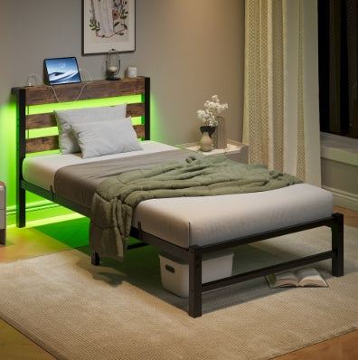 Twin Size Bed Frame Heavy Duty Platform Bed Frame With Headboard, USB Charging Station, LED Bed, No Box Spring Needed, Mattress Foundation, Strong Steel Slats, Noise Free, Brown CJDropshipping