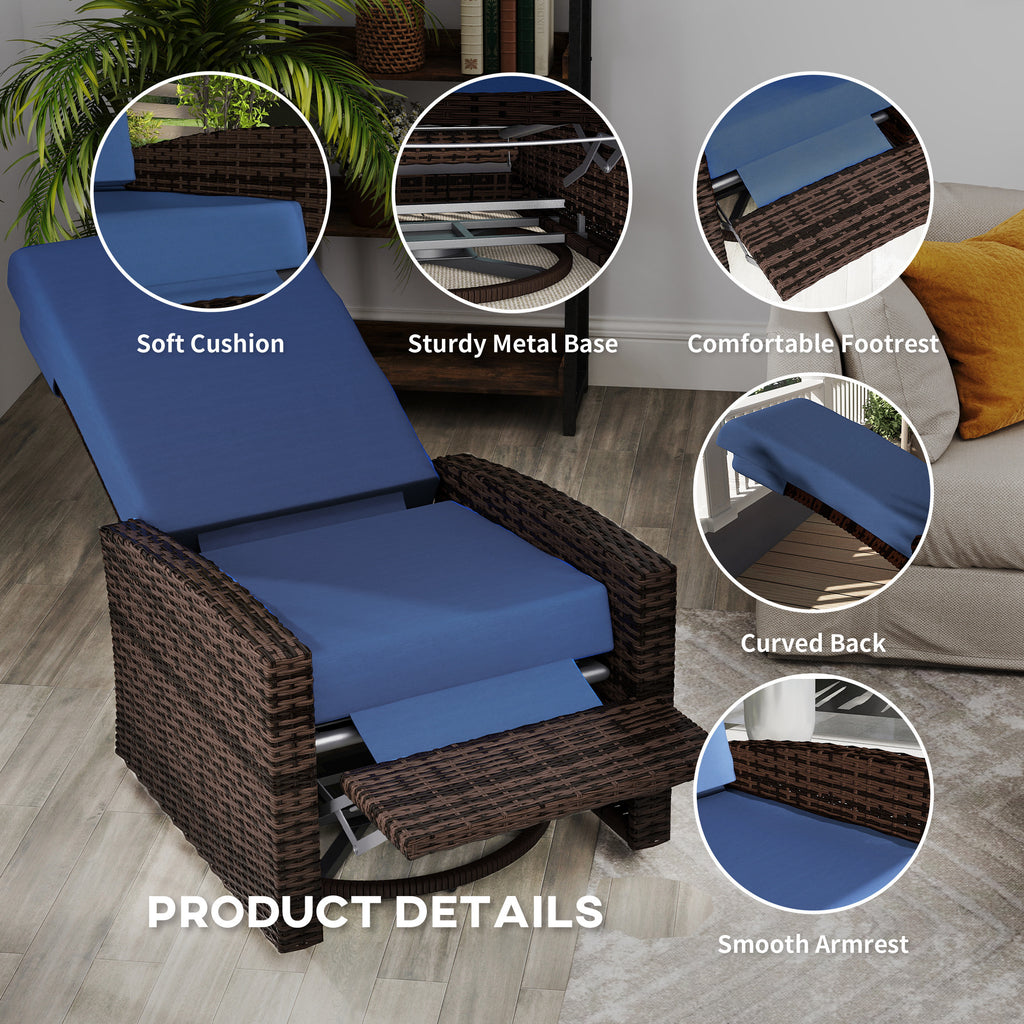 Outdoor Wicker Swivel Recliner Chair, Lifting Footrest, 360 Rotating Basic, Water-resistant Cushions, Dark Blue