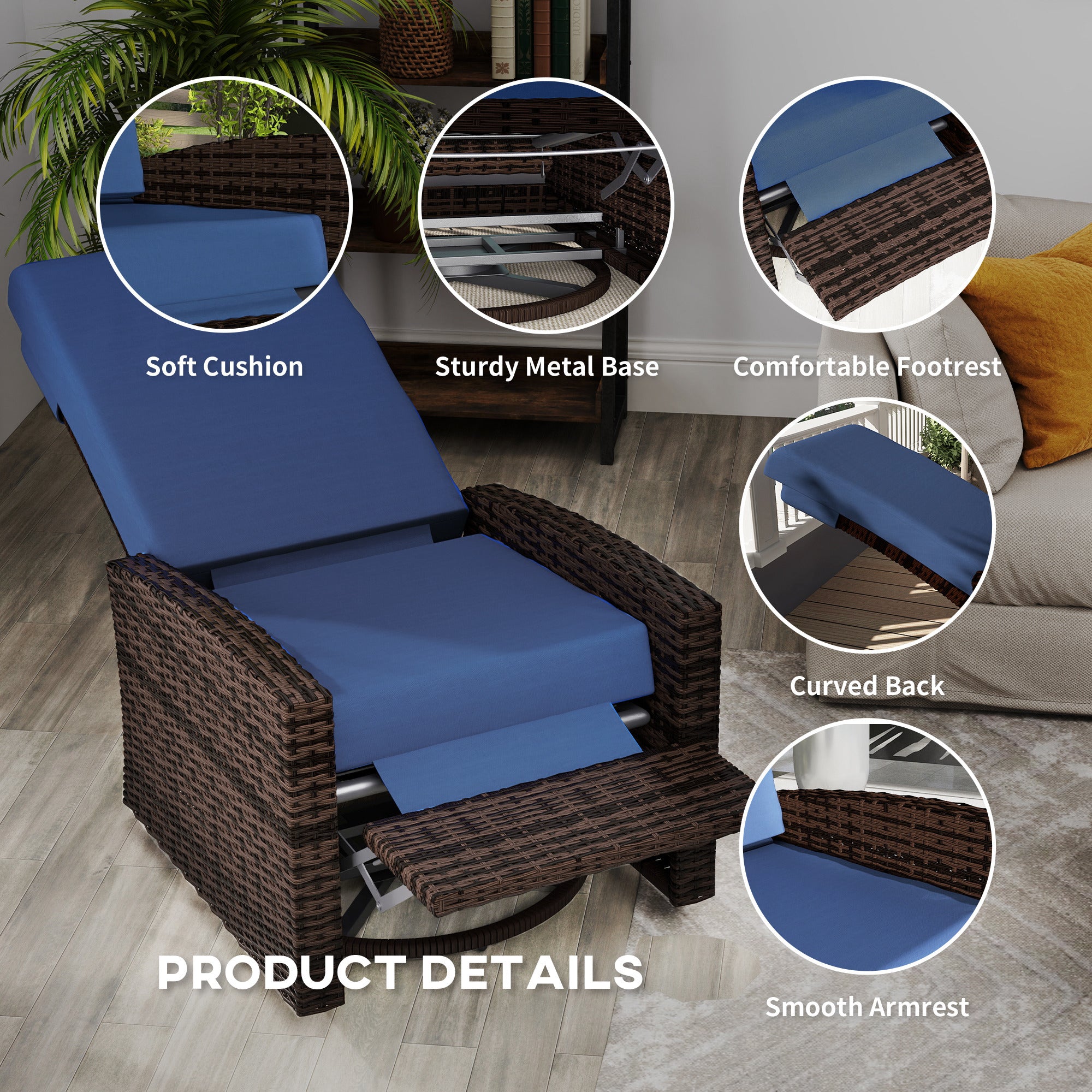 Outdoor Wicker Swivel Recliner Chair, Lifting Footrest, 360 Rotating Basic, Water-resistant Cushions, Dark Blue