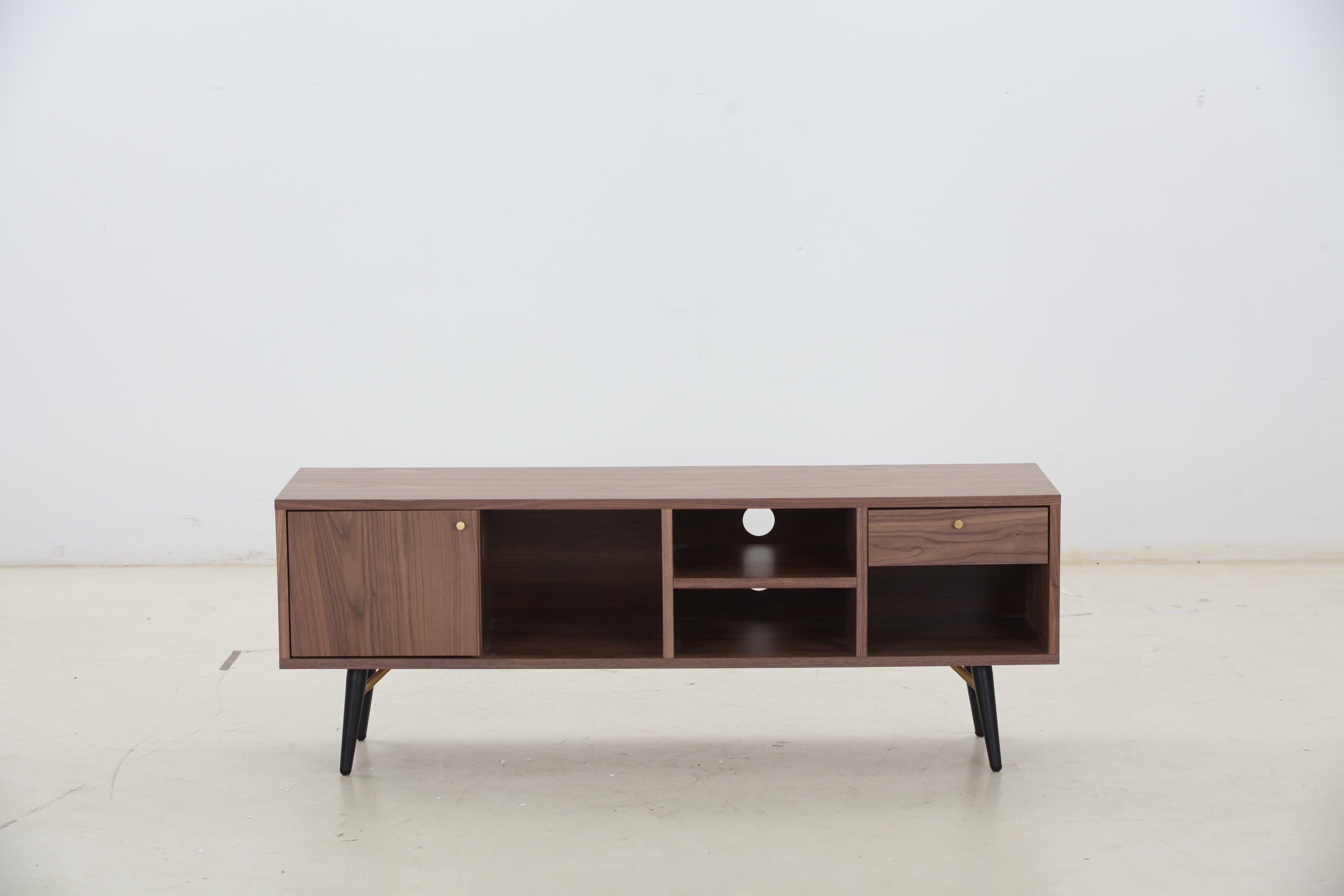 Mid-Century Modern Low Profile Media Console TV Stand, Walnut Sangria Beech