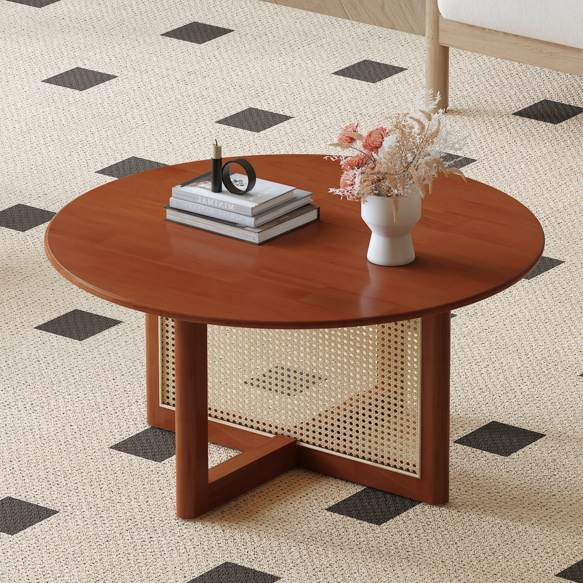 A natural and elegant deep red wooden coffee table with artificial Sangria Beech