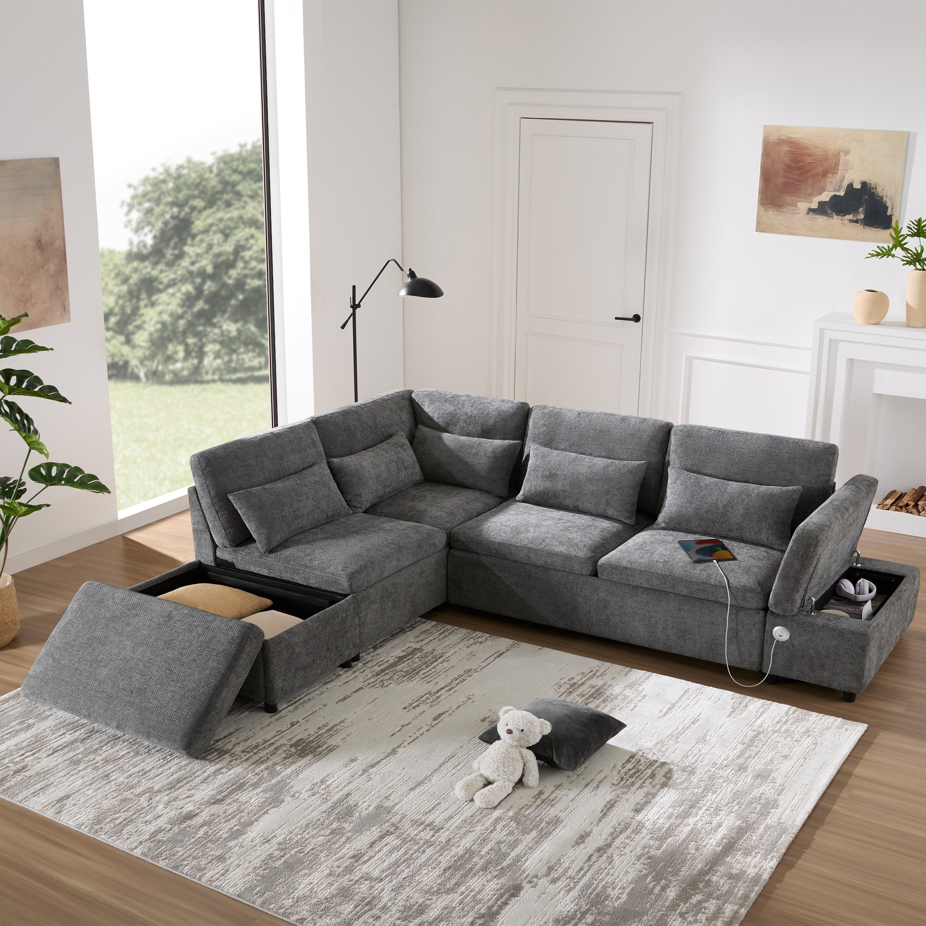 107'' Modular Sectional Pull-out Sofa, L shape with Wide Seats, Free