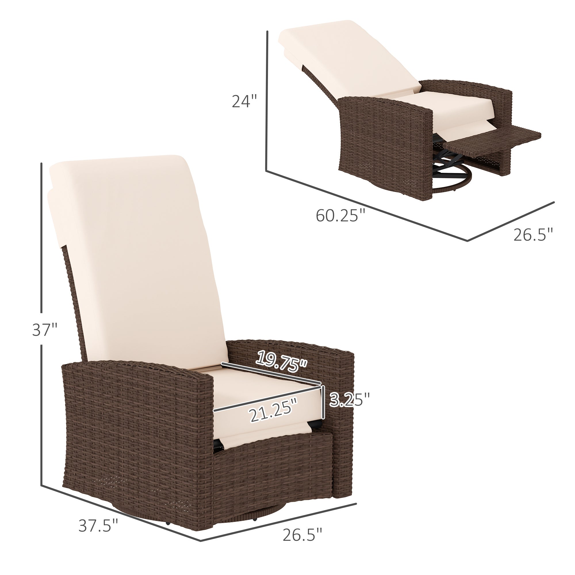 Outdoor Wicker Swivel Recliner Chair, Lifting Footrest, 360 Rotating Basic, Water-resistant Cushions, Cream White