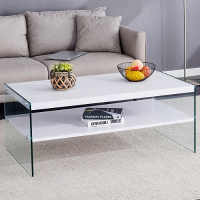 Double Rectangular Coffee Table. The Board Surface Is MDF, With White Stickers, And Both Sides Are Transparent Tempered Glass. Suitable For Living Room, Bedroom And Other Occasions CJDropshipping