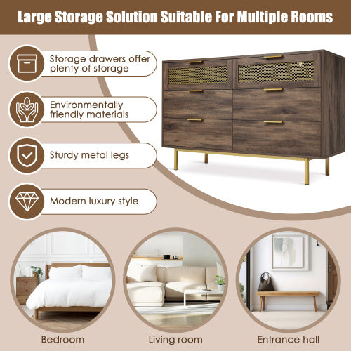Sideboard Cabinet Dresser With 6 Drawers, Metal Handles Dresser, Multipurpose Cabinet For Hallway, Bedroom, Living Room, And Children's Room.120 X 40 X 76 Cm, Dark Brown