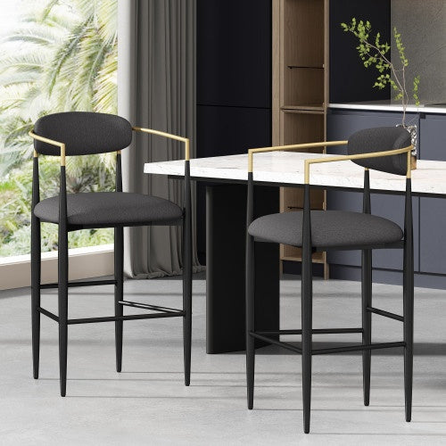 Barstools Set Of 2, Counter Height Upholstered Bar Stools With Back For Kitchen Island, Beige Faux PU Leather Seating Black Iron Legs 260LBS Weight Capacity