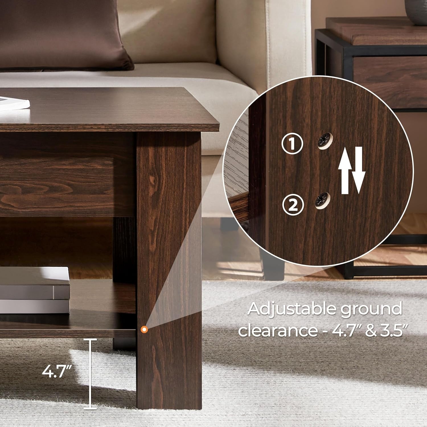 Lift Top Coffee Table with Hidden Compartment and Storage Shelf, Peach Maple