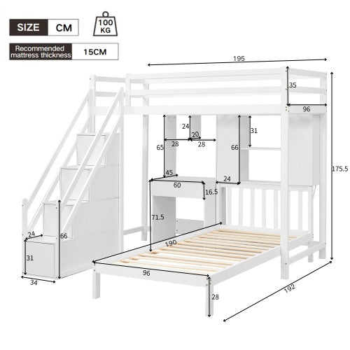 Wood House Bunk Bed 90x190 Cm,Bunk Bed, Double Bed, Multifunctional Children's Bed, Storage Space Function, With Desk And Shelves, With Slatted Frame, White