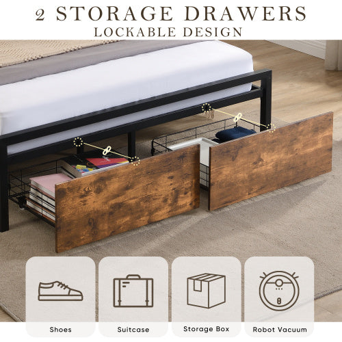 Full Size Bed Frame With Storage Headboard And 2 Drawers, LED Lights Bed With Charging Station, Metal Platform Bed No Noise