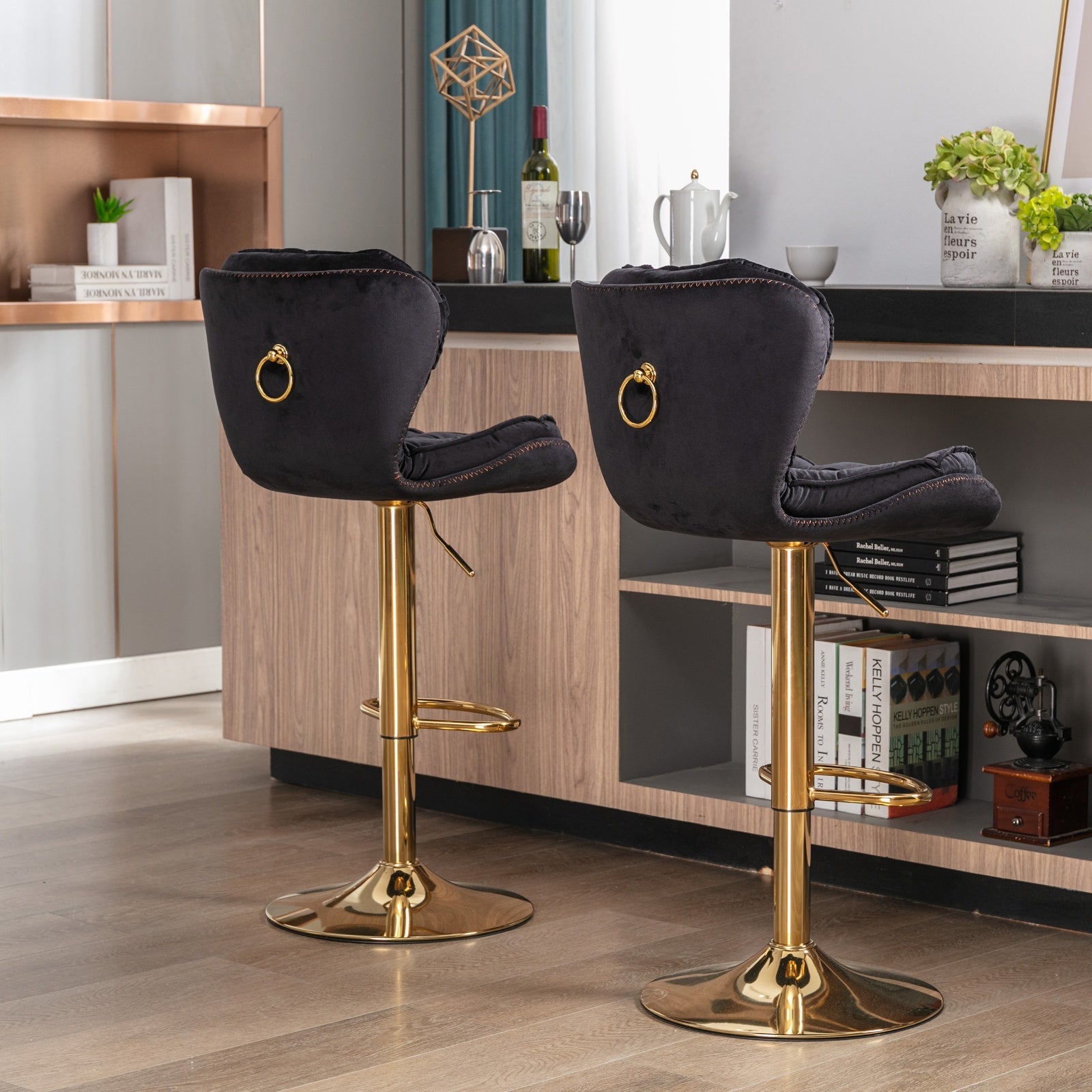 Set Of 2 Bar Stools Chrome Base, Swivel, Adjustable Height, Velvet