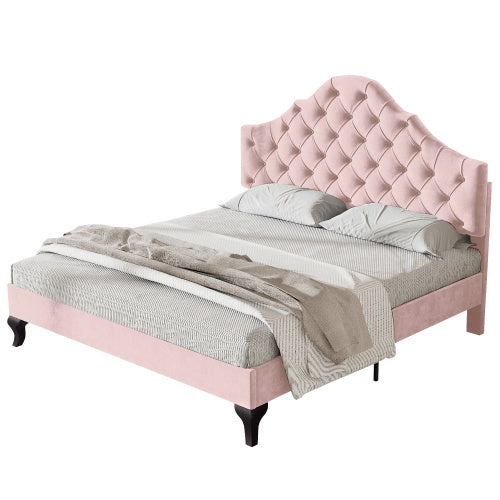 Upholstered Bed With Slatted Frame And Headboard, 4ft6 Double Bed,135x190,Upholstered Bed With Height-adjustable Headboard, Youth Bed, Wooden Slat Support, Easy Assembly, Velvet, Pink