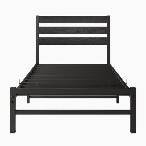 Twin Size Platform Bed Frame With Rustic Vintage Wood Headboard, No Box Spring Needed Black