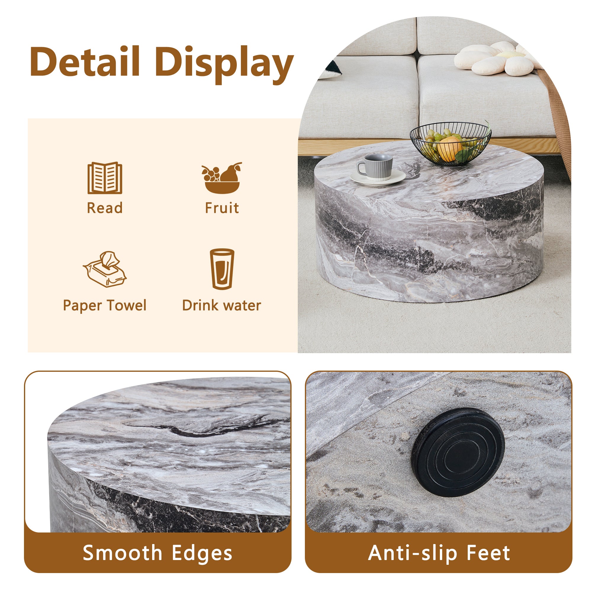 Simple Grey Marble Textured Cylindrical Coffee Table, Industrial Style Sangria Beech