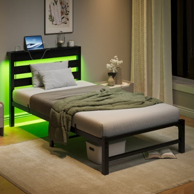 Twin Size Bed Frame Heavy Duty Platform Bed Frame With Headboard, USB Charging Station, LED Bed, No Box Spring Needed, Mattress Foundation, Strong Steel Slats, Noise Free, Black