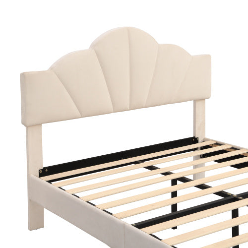 Velvet Upholstered Bed,Double Bed-4ft6 135x190cm, Shell-like Bed With Golden Iron Legs, Height-adjustable Headboard, Wooden Slatted Frame, Beige