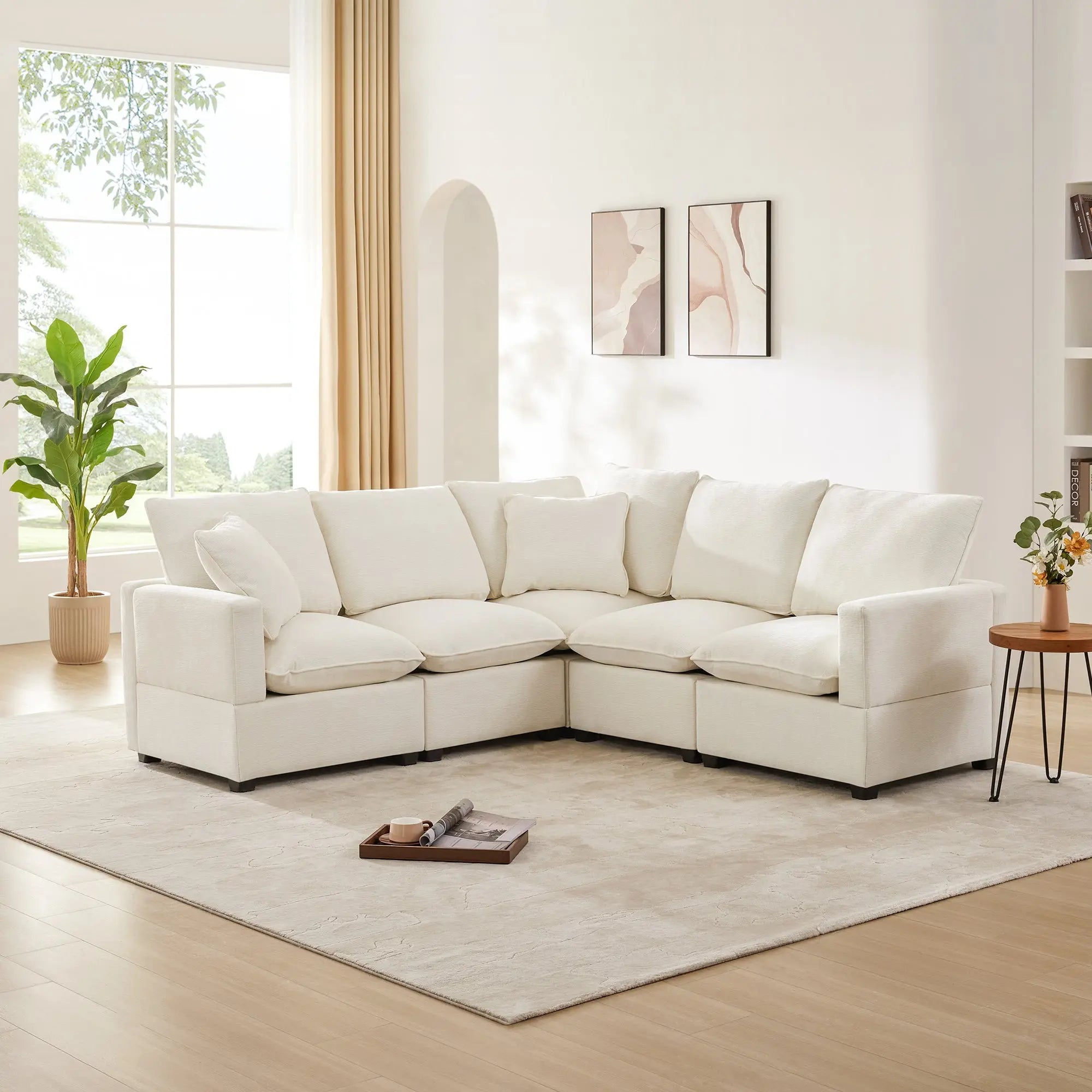 84*84" Modern L Shape Modular Sofa, 5 Seat Chenille Sectional Couch Sangria Beech