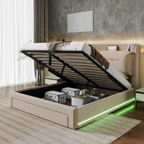 Upholstered Bed, 150x200 5ft King Size Bed, Hydraulic Bed, 2-in-1 Storage Drawers At The End Of The Bed, Recessed LED Light Strips On Both Sides Of The Bed, Slatted Frame, Velvet,Dark Gray