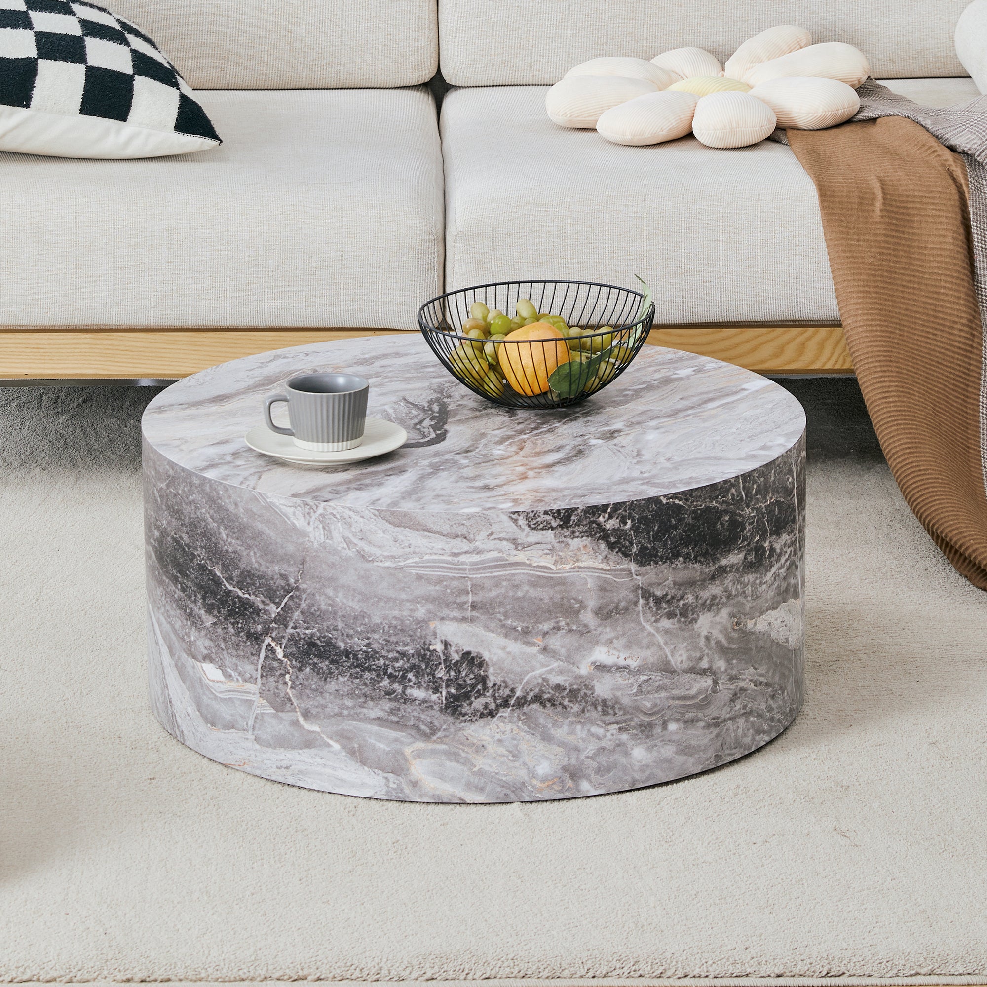 Simple Grey Marble Textured Cylindrical Coffee Table, Industrial Style Sangria Beech